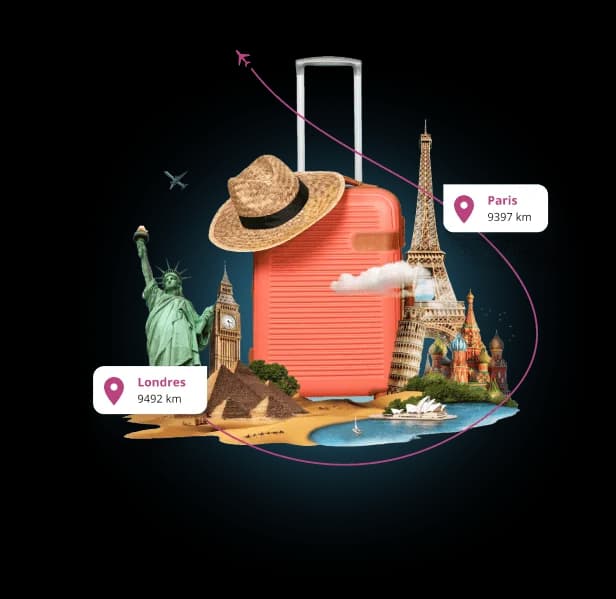 Mala de viagem com destinos populares — Paris, Londres e muito mais